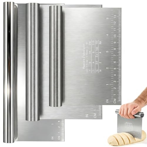 VGECEE Set of 3 Dough Scrapers Stainless Steel 15/20/25 cm Dough Cutter with Measuring Scale Dough Card Set Dough Spatula Pizza Dough Scraper Cooking Scoop Vegetable Shovel Kitchen Spatula Kitchen
