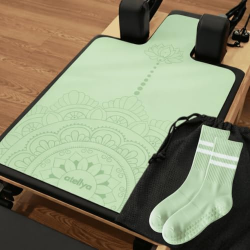 Atellya Pilates Reformer Mat With Grip Socks Women And Mesh Bag Bundle, Cover For Reformer, Non Slip Reformer Towel, Workout Mat For Yoga Socks With Grips Non Slip Pilates Mat (Mint Green)