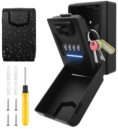 LYCXAMES Cassaforte con codice numerico, cassaforte esterno con illuminazione a LED, montaggio a parete, cassetta portachiavi con 4 cifre, esterno impermeabile, cassaforte per chiavi di casa, garage