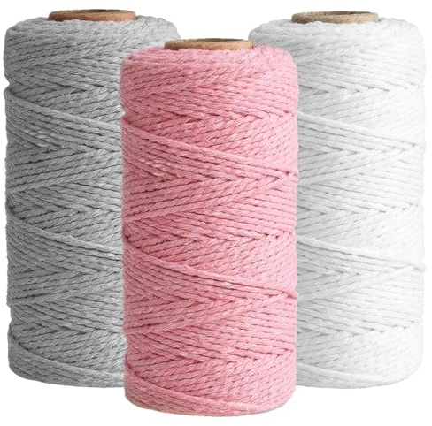 3 Hilo Macrame 3mm x 100m,Cuerda Macrame,Hilo de Macramé,Hilo de Algodón de Macramé,para Colgadores de Plantas,Manualidades,Bricolaje y Decoración Bohemia del Hogar (Blanco,Gris Claro,Rosa Pálido)
