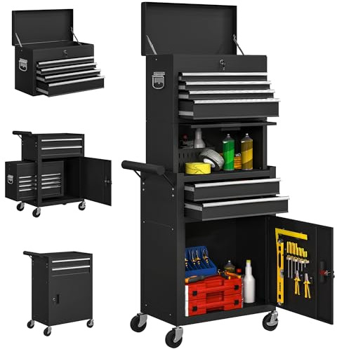 HOMCOM Servante d'atelier en acier verrouillable, chariot à outils sur roulettes 3 en 1 avec 6 tiroirs, placard et panneau perforé, tapis EVA, caisse à outils pour atelier, garage, noir