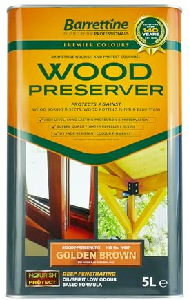 Barrettine Wood Preserver (Golden Brown, 5L) - UV Fade Resistant, Durable & Water Repellent Premier Wood Preserver, Deep Penetrating, Low Odour & Oil Based, Suitable for Outdoor & Indoor Use