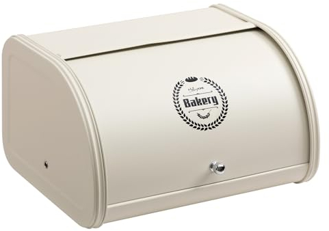 HollyHOME Bread Bin with Stainless Steel Body Metal Bread Bins for Kitchen Bread Storage Containers with Roll Up Easy Storage Bread Box Holder Lid, White