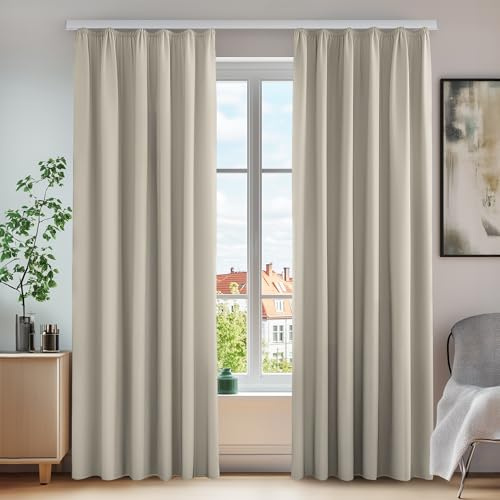 Deconovo Cortinas Opacas con Cinta Fruncida, protección acústica, protección contra el frío, Invierno, 160 x 140 cm (Ancho de Altura), Color Crema