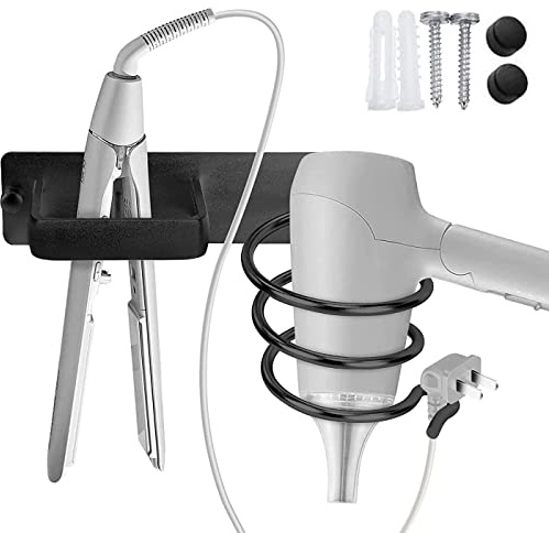 Lostwry Supporto per Asciugacapelli da Parete Supporto per Piastra per Capelli in Alluminio Porta Asciugacapelli a Spirale con Viti per Hotel Bagno Soggiorno Barbershop Nero (1pcs)