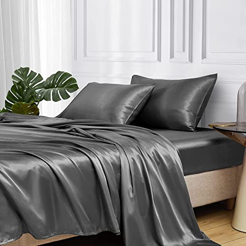 Lanqinglv Luxus Satin Spannbettlaken Bettlaken 140x200 cm bis 25-30 cm Steghöhe Boxspringbett Topper 110g/m² Glatt Seide Glanzsatin Boxspringbett Spannbetttuch Leintuch,Dunkelgrau Grau,1 Stück