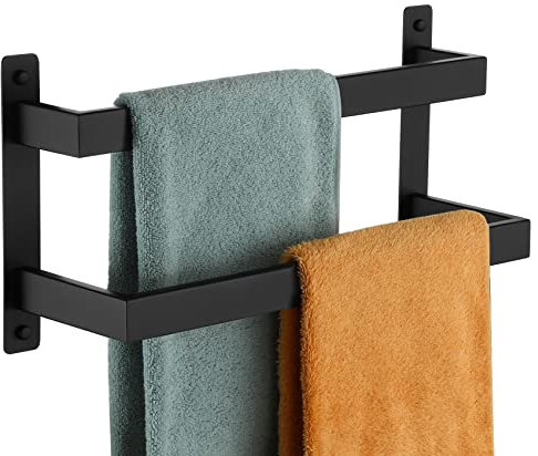KOKOSIRI Towel Bars Black Bath Towel Holders 16 Inches Bathroom 2-Tiers Ladder Towel Rails Wall Mounted Towels Shelves Rack Stainless Steel, B5008BK-L16