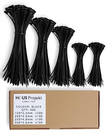 Haus Projekt Fascette fermacavi da 500 pezzi, colore nero, dimensioni 100/200 mm x 2,5, 200 x 4,8, 300 x 3,6, organizer plastica resistente
