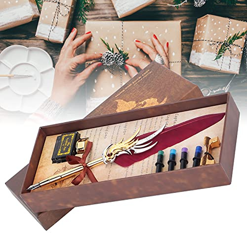 BEIJIALY Set Penna D'Oca e Inchiostro Piuma, Penna Calligrafia Penna Piuma Set Vintage con Calamaio e Supporto, Kit Penna D'Oca retrò in Metallo con Sacca Inchiostro SP270 Regali di(Borgogna)