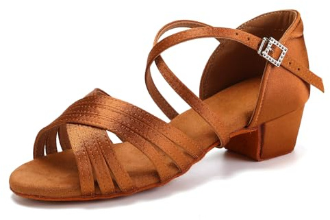 SWDZM Scarpe da Ballo Latino Americano Bambina&Donna Scarpe da Ballo Salsa Bambina con Tacco Basso,Marrone Raso,Tacco 3.5cm,Suola in camoscio,33 EU