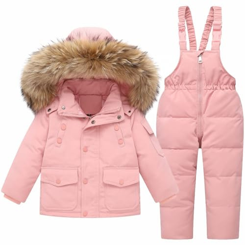 Mashaouyo Tuta da sci per bambini, termica, invernale, calda, antivento, con cappuccio rimovibile, con bretelle, in softshell (Z1-rosa, 4-5 anni)