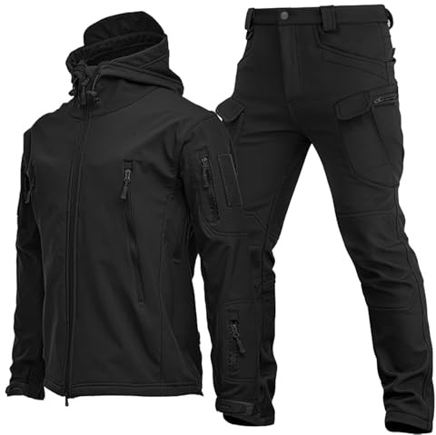Ensemble 3 Pièces Pour Homme - Veste d'Extérieur en Polaire Souple et Pantalon, Couleur Unie et Camouflage, Coupe-Vent et Imperméables (Noir, XL)