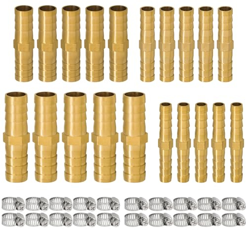 Kaelah 20 Stück Schlauchverbinder Set, Schlauch Verbindungsstück Messing 6/8/10/12mm mit 20 Schlauchschellen (φ6-12) für Luftleitung Wasserleitung und Kraftstoffleitung Olleitung