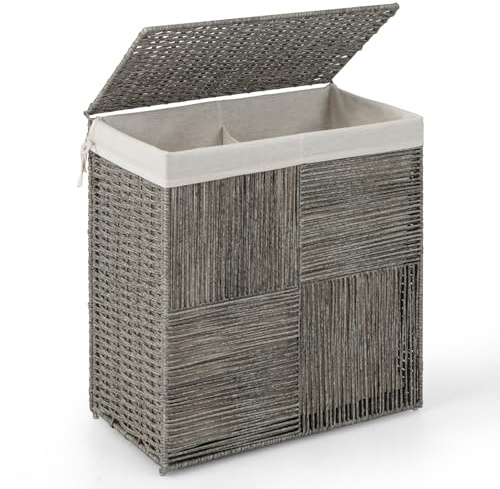 LIFEZEAL Cesto Portabiancheria in Rattan PP, Portabiancheria Sporca con Coperchio e Sacchetto Portatile, 110 L, Cesto Biancheria Sporca 2 Scomparti, Porta Biancheria Sporca per Bagno e Lavanderia