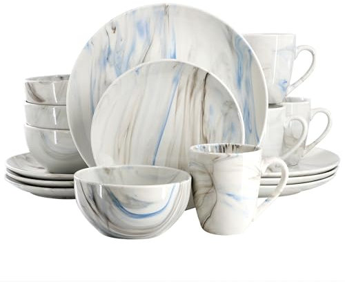 Elama Fine Marble 16 Piece Porcelain Dinnerware Set, Tableware Set, Everyday Dining, Service for 4 (Blue/Gray)