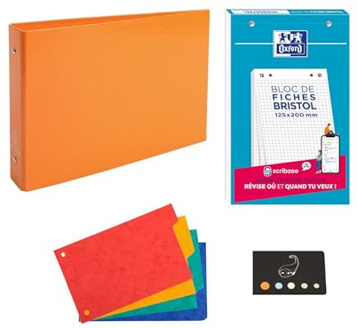Set 1 pärm för kort + 4 avdelare + 30 vita Bristol-kort, små rutor, 125 x 200 mm + 1 Blumie självhäftande index (orange)