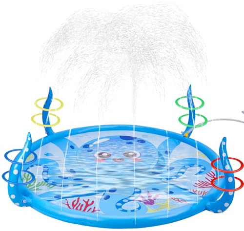 Anpro 170cm Splash Pad,8 Rings Toss Splash Pad for Kids 68 Blue | Inflatable Octopus Water Toys for Boys Girls,Summer Outdoor Game,Outdoor Spray Water Toys,Garden Toys