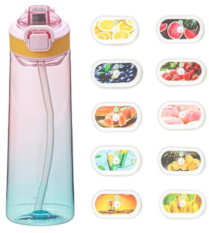 Fychuo Water Bottle, 700ml BPA Free Drinking Bottles with 10 Random Flavour Pods Scented 0 Sugar Calorie, Water Cup with Straw for Gym School Outdoor, Blue (Pink Blue)