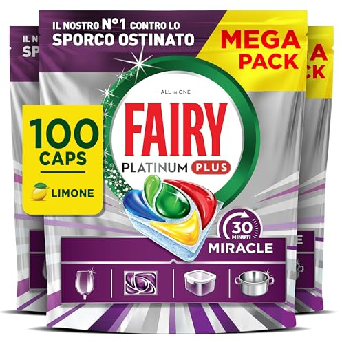 Fairy 30 Minuti Miracle Detersivo Pastiglie Lavastoviglie, 100 Capsule, Limone, Il Nostro N.1 Contro Lo Sporco Ostinato, Potente Anche Nei Cicli Brevi, MEGA Pack