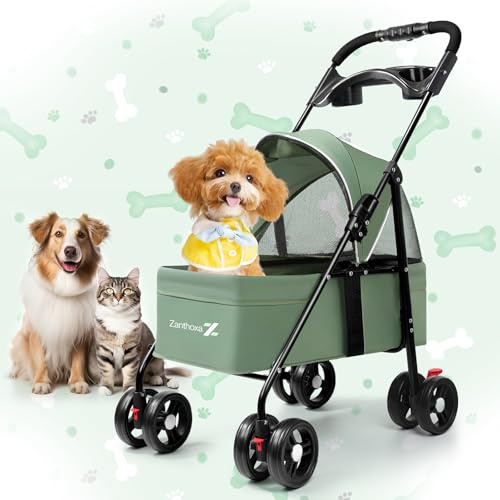 Pet Stroller for Small Dogs and Cats, One-Click Foldable Cat Stroller with 4 Wheels, Compact Portable, Up to 33 Ibs with Sun Shades, Cup Holder and Breathable Mesh, Easy Assembly
