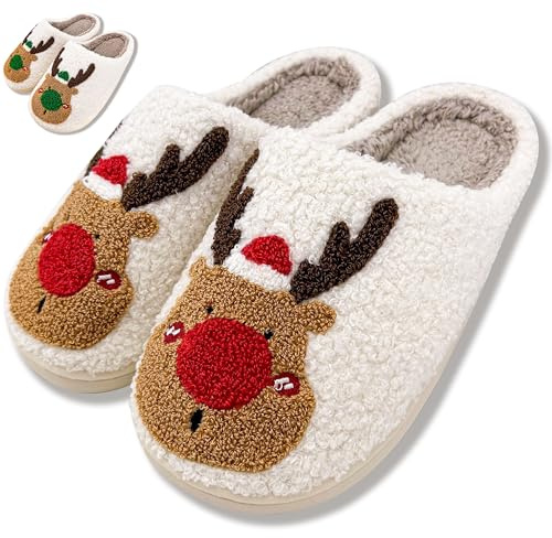 MUMIK Pantuflas Navidad, Zapatillas Estar por Casa Mujer Hombre, Zapatillas Navideñas Invierno Peluche Confortables CáLido Antideslizantes Pantuflas Interior Exterior