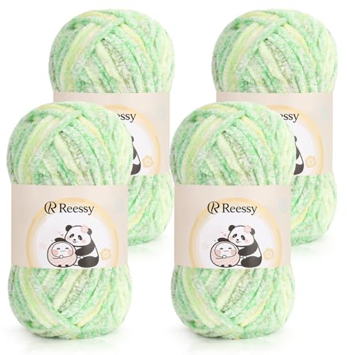 Reessy Chenille Yarn 400g, Super Soft Chunky Wool for Knitting-Yellow Green | Fluffy Velvet Chenille Wool Ombre, Rainbow Thick Yarn Chunky Wool for Knitting Exquisite Crafts, Amigurumi, Baby Blanket