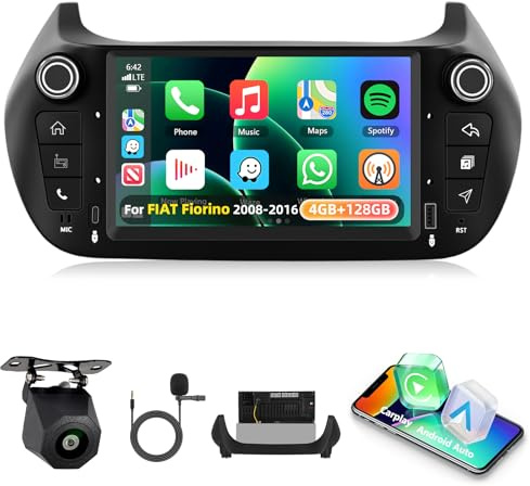 4GB+128GB Motorsi Carplay Autoradio per Fiat Fiorino 2008-2016, Android Auto Car Stereo con Bluetooth GPS Navi WiFi RDS/FM Radio SWC EQ USB Mirror Link Canbus + Telecamera Posteriore
