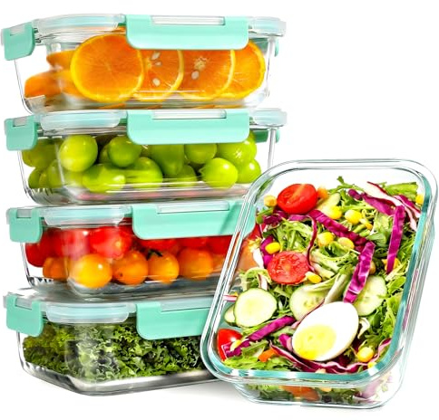 YASHE Paquete de 5 recipientes de vidrio con tapas, 1040 ml, gruesos y duraderos, recipientes de vidrio apilables herméticos para preparación de comidas, almacenamiento de alimentos sin BPA, Verde