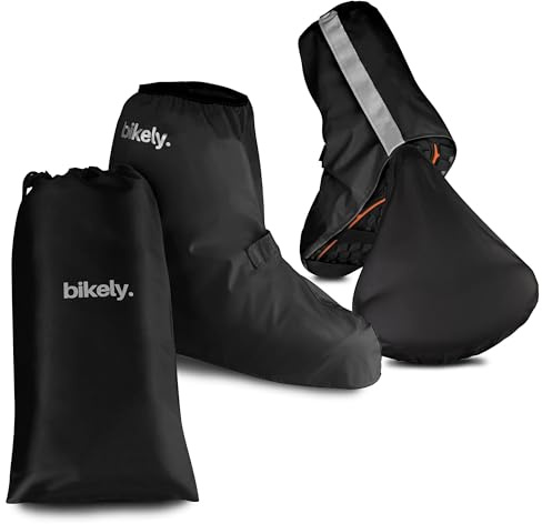 sweatness Fahrrad Regenüberschuhe Wasserdicht Inkl. Sattelbezug - Gr. 44-46 Schwarz mit Reflektoren Streifen und einfachen Größeneinstellung für Damen und Herren