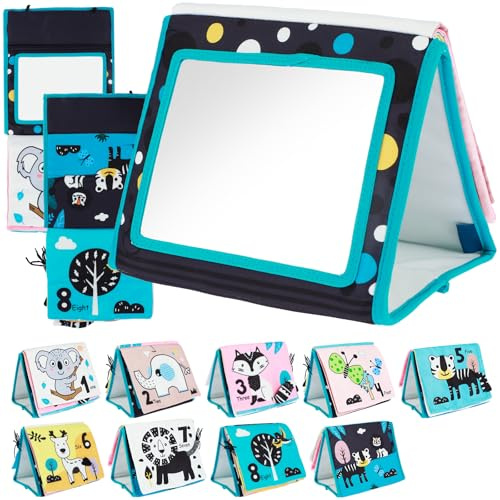 KEGAJEGA Miroir pour bébé - Jouet avec miroirs et motif contrasté noir et blanc - Livre de contraste - Pliable - Double face - Jouet pour bébé de 0 à 18 mois (modèle du monde animal)