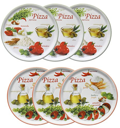MamboCat 6er Set Pizzateller Napoli Green & Red Ø 32 cm I Weisse Porzellan Teller mit bunten Motiven zum Servieren für Antipasti und Tomate-Mozzarella I Pizza Platten Frühstücksteller farbig