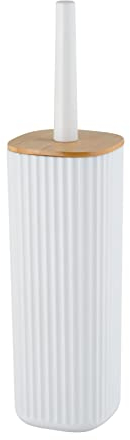 WENKO Set da bagno Rotello, portaspazzolone chiuso in plastica di qualità con coperchio in bambù e superficie rigata, Ø 10 x 36 cm, scopino incluso, spazzola sostituibile, bianco/naturale