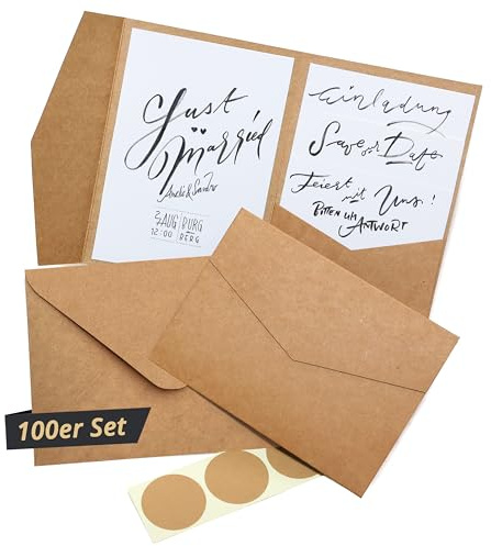 Japun - Pocketfold, Biglietti di carta kraft vuoti tascabili con buste (DIN B6), inviti di nozze - marrone - 100 pezzi