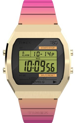 Timex T80 Unisex-Armbanduhr, 36 mm, rosa Kunstharzarmband, digitales Zifferblatt, goldfarbenes Gehäuse TW2V74400