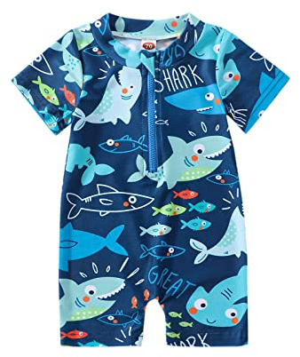 Carolilly Maillot de Bain Enfant Bébé Garçon Une Pièce Imprimé Requins ou Dinosaures Anti-UV, Bleu, 1-2 Ans, Taille Fabriquant 100