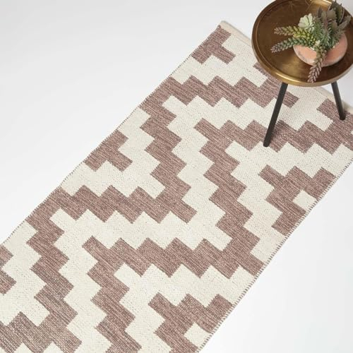 Homescapes Malina Teppichläufer geometrisch Creme-braun 66x200 cm, Baumwoll-Läufer waschbar, Indoor-Teppich Zickzack-Muster