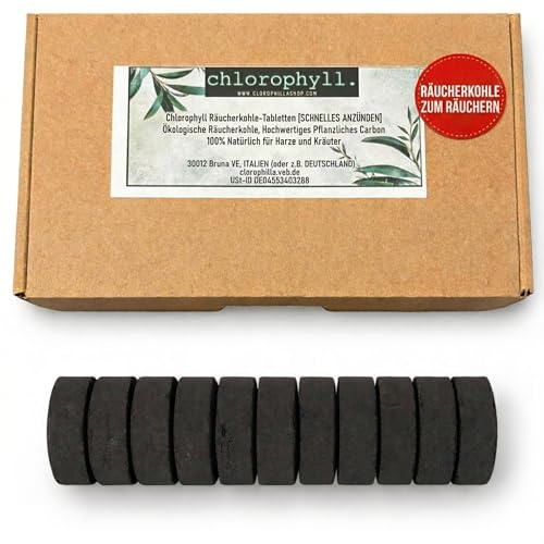 Clorophilla Carboncini per Incenso [ACCENSIONE RAPIDA]- Carboncino per Incenso Ecologico, Carbone Vegetale di Alta Qualità, 100% Naturali per Grani e Resine (100 carboncini)
