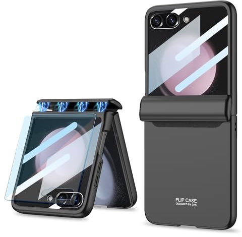 Clatoxi Custodia per Samsung Galaxy Z Flip 5 con Protezione Cerniera Magnetica e Proteggi Schermo Esterno, Cover Protettiva Rigida per PC Sottile Antiurto per Samsung Galaxy Z Flip 5 (Nero)
