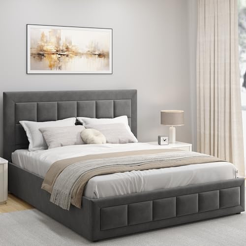 Blisswood Upholstered Ottoman Bed Super King Bed Frame UKFR Velvet Grey Ottoman Storage Bed with Gas Lift End Opening Wooden Slats with Storage Bed (6ft 180 x 214, No Mattress)