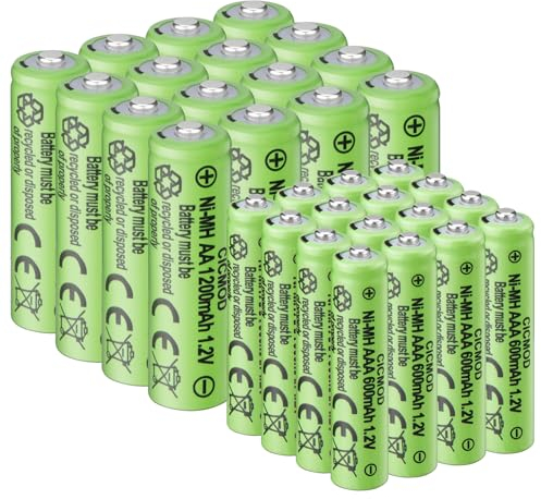 CICMOD Pilas Recargable AA y AAA 32 Piezas, 1,2V Batería Recargables NiMH 16 X AA 1200mAh y 16 X AAA 600mAh para Equipos Domésticos Luces solares de jardín Exteriores