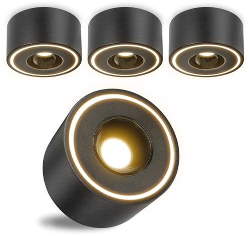 URing 4 Stück LED Aufbauspot Schwarz - Extra Flach - Ø97x55mm - Aufbauleuchte LED 8W 1680lm - 3000K warmweiß - Runde Aufbaustrahler 230V, Deckenspots aus Aluminium, Aufputz Deckenstrahler