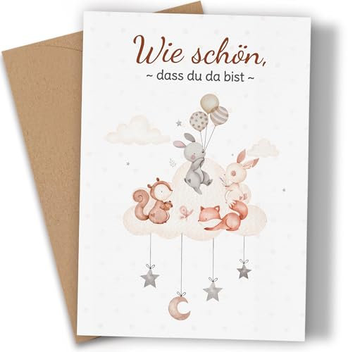Karte zur Geburt - Premium Glückwunschkarte zur Geburt mit Umschlag Karte Babykarte - A6 Glückwunschkarte Geburt Junge Mädchen Zwillinge Geburtskarten für Baby Geschenk zur Geburt Ballon Hase Wolke