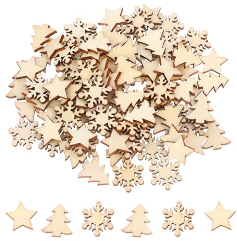 JJUNW Holzsterne Streudeko, 100Stück Streudeko Weihnachten holz, 15mm Gemischt Streudeko Schneeflocken Tischdeko Weihnachten Holz Sterne zum Basteln für Handwerk Making DIY Hochzeitsdeko Tis(Gemischt)