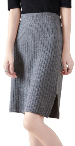Ailaile Jupe courte pour femme, automne hiver, 100 % laine mérinos, jupe tricotée, jupe côtelée, taille élastique, jupe fendue, gris foncé, Taille XL