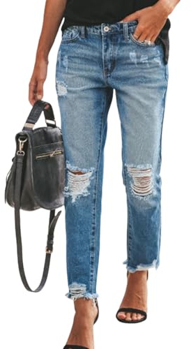 RSBFK Womens Straight Leg Mid Rise Casual Ripped Raw Hem Denim Jeans Dark Blue M
