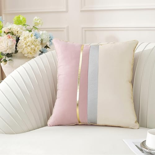 TAOSON Pack of 2, Pink Beige Patchwork Velvet Throw Pillow Cover with Gold Striped Leather Cushion Case Modern Luxury Square Pillowcase for Sofa Couch Bedroom Living Room Home,18x18 inch