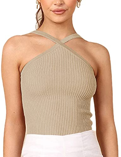 Kvinnor Halter Toppar, Kvinnor Cross Sleeveless Halter Tank Tops Rygglös Design Sommar Hög Elasticitet Off Shoulder för Office för Daily for Date (M)