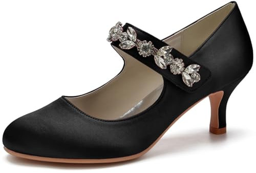 HQINGAXU Women's High Heel Mary Jane Shoes Round Closed Toe Bride Shoes Kitten Heel Pumps Satin Wedding Shoes Party ​Evening Rhinestones Sandals,Black,2 UK