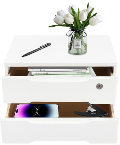 HOARLICN Schubladenbox Schreibtisch, Box Abschließbar 5kg Tungholz Mit 5-Stufiger Organizer Schlüssel Anti-Rutsch-Pads Für Büro, Schlafzimmer,Arbeitszimmer (Weiß, 2 Lagen)