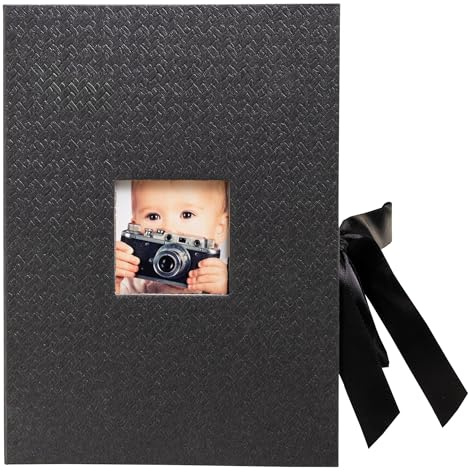 Exacompta - Rif. OfficeByMe 77601E - Cartone da 4 scatole fotografiche in carta ruvida nera, finestra di personalizzazione, chiusura a nastro, per conservare foto o spine fino a 13 x 18 cm